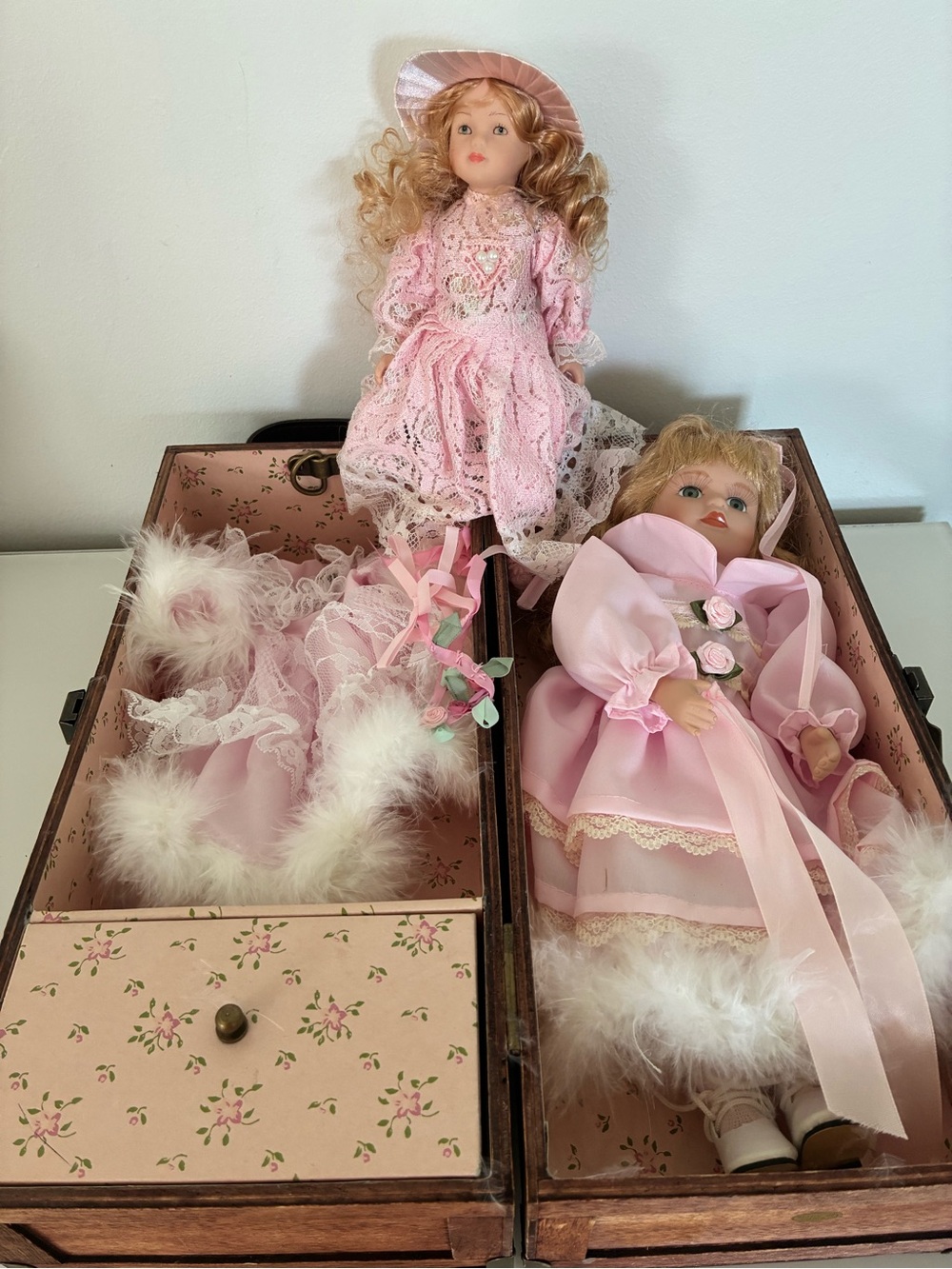 Porcelain Blonde Doll in Wood Carrying Wardrobe Trunk 10” Tall W/Extra Doll